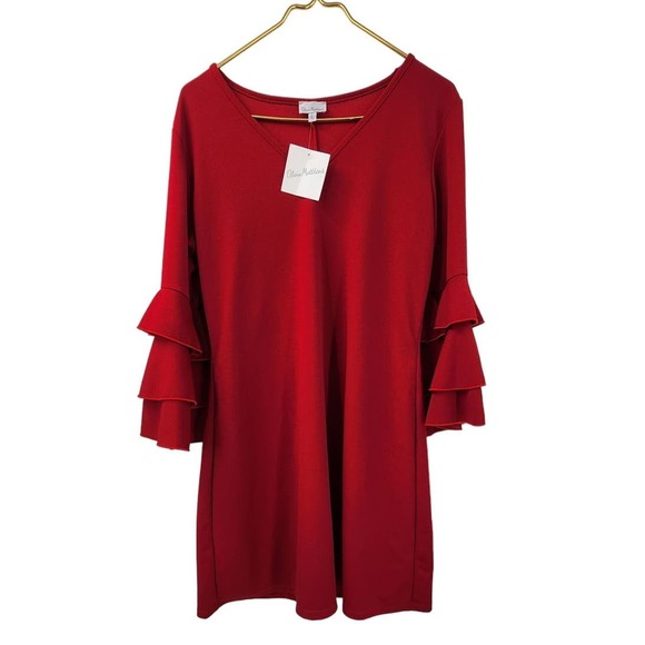 New‎ NWT Olivia Matthews Style 946m Red Ruffle Sleeve Shift Dress Large - Picture 1 of 8